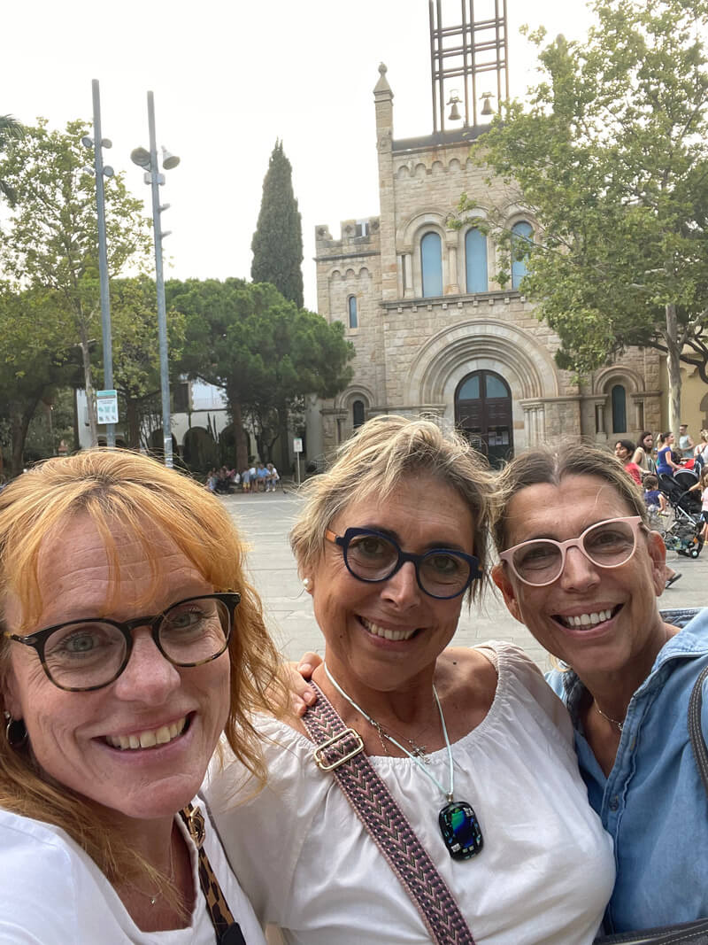 a middle age student and her spanish teacher in a square in Castelldefels