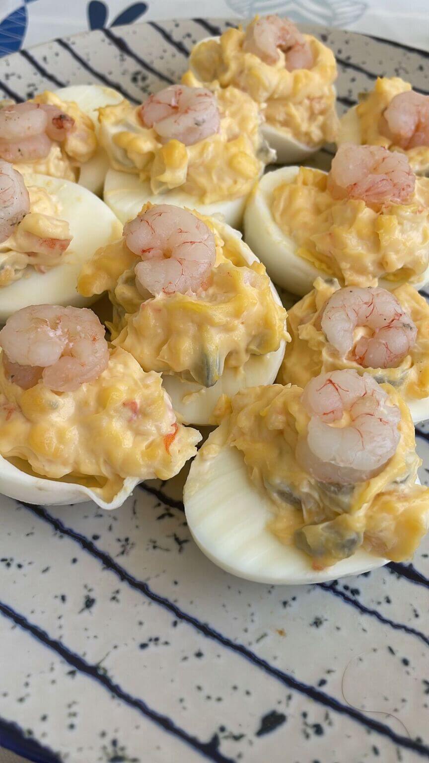 shrimp over hard eggs